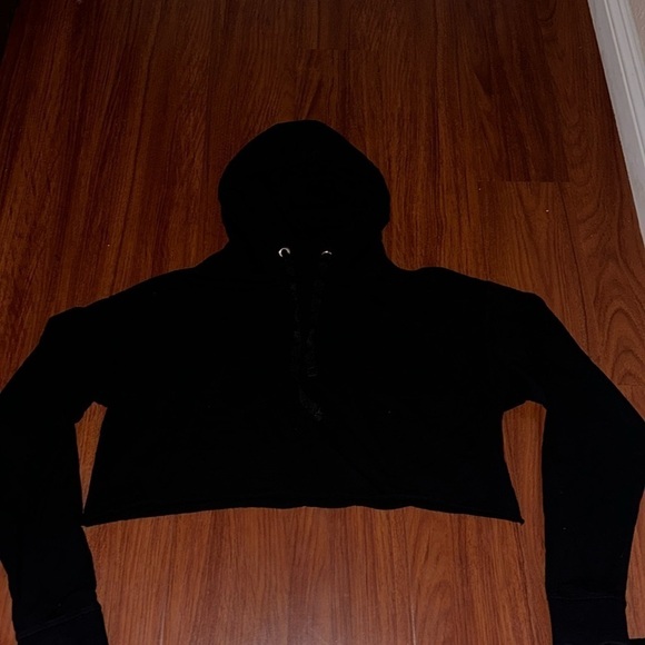 Cotton Long Sleeves Cropped Hoodie pullover long sleeve drawstring raw hem M - Picture 2 of 7